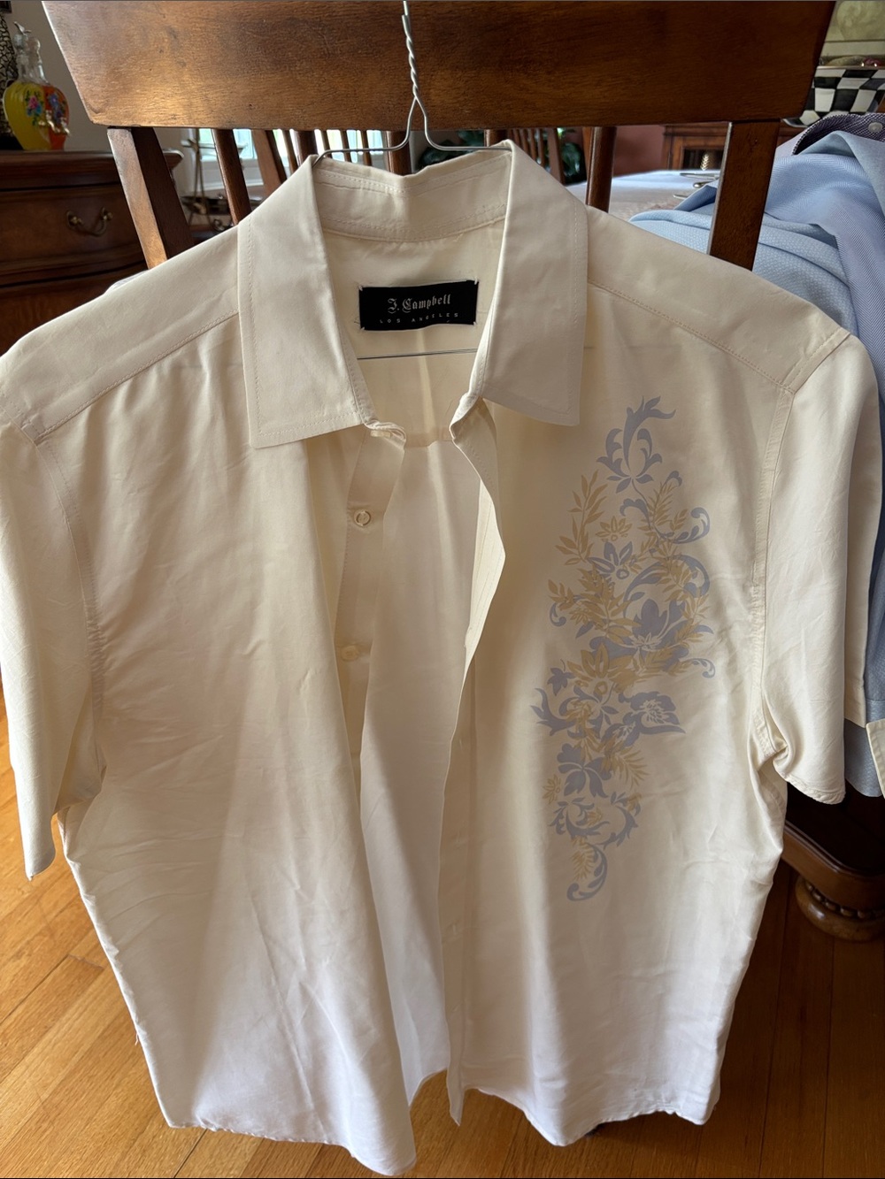 Cream Short-Sleeve Button-Down Shirt with Floral Accent